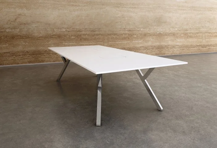 2Merge table with white table top and chrome base.
