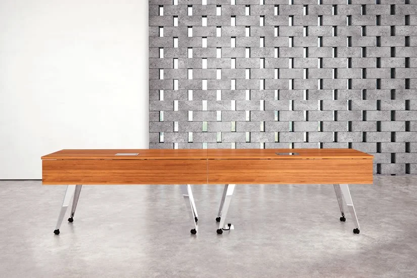 Flat Iron table with wood table top and chrome base