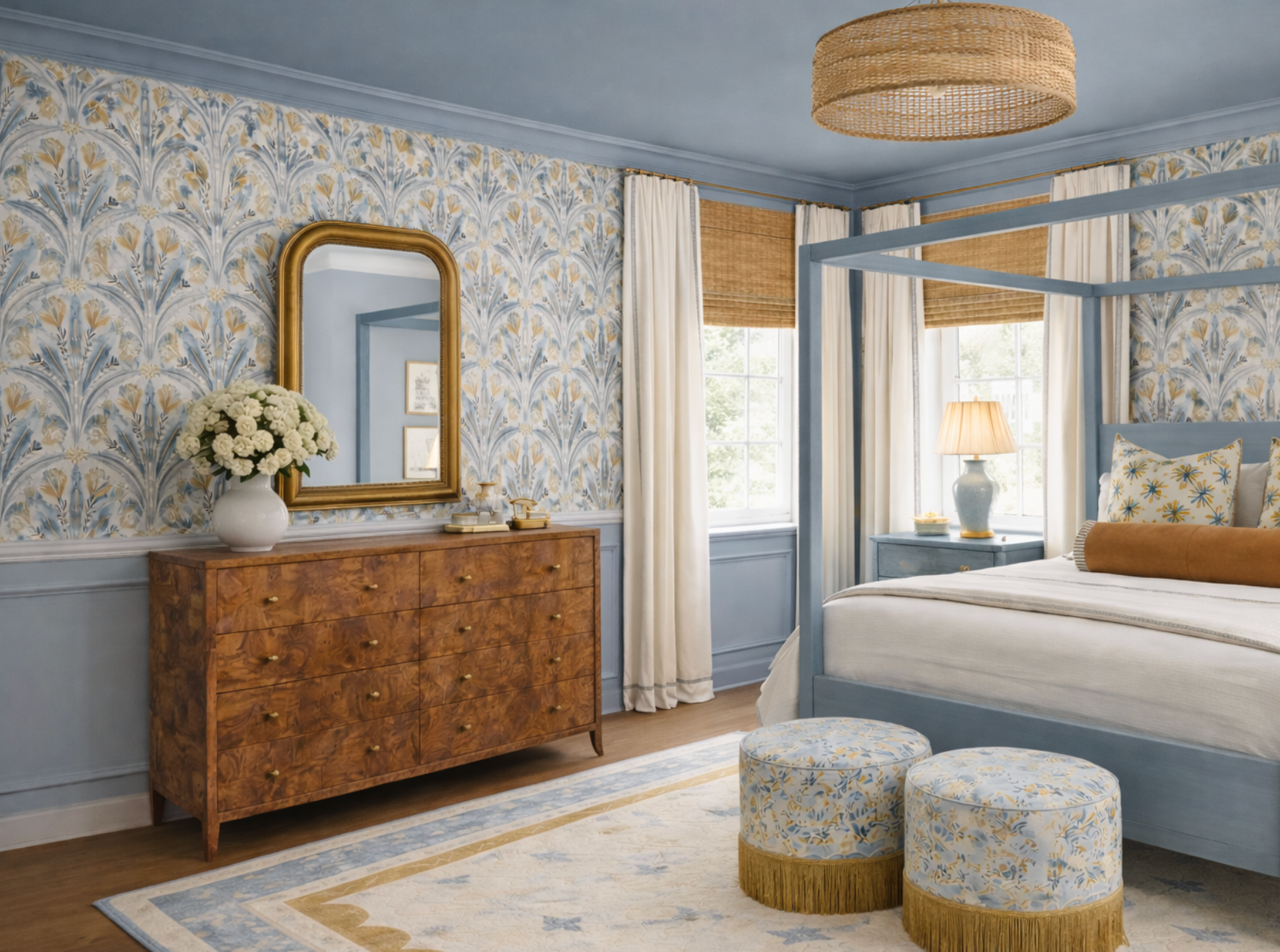 A cozy bedroom with a blue and yellow floral theme, featuring a four-poster blue bed, matching upholstered stools, a wooden dresser with a mirror and flower vase, and a nightstand with a lamp, with large windows and white curtains.
