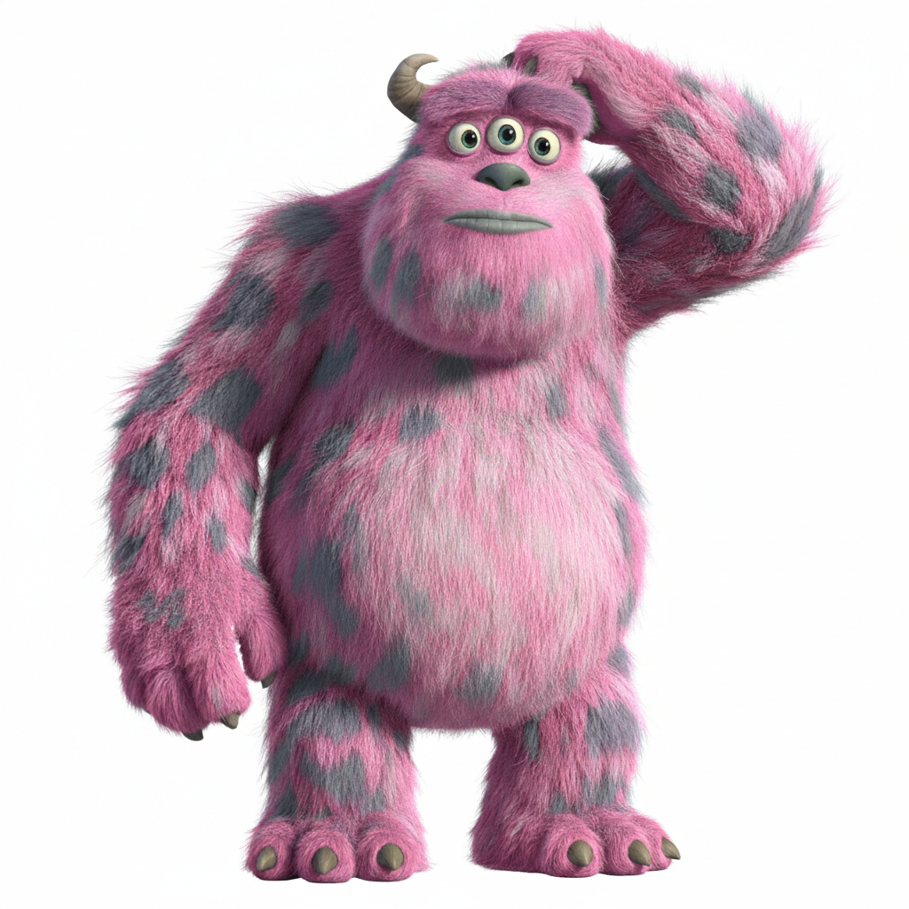 A pink, furry, three-eyed monster with gray spots, small horns, and a surprised expression, standing with one hand on its head.
