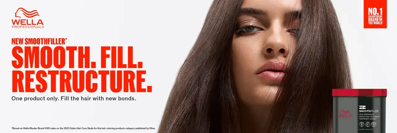 Advertisement for Wella Professionals' hair smoothing treatment featuring a woman with long, straight, shiny brown hair and a container of the product.