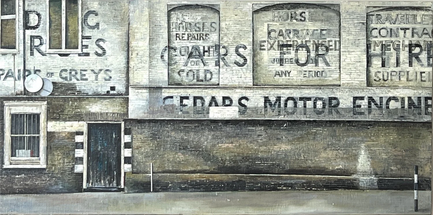 Painting of the Cedar Motors ghost sign near Stockwell, London, showing a motor car advertisement painted over an earlier horse and carriage advert.