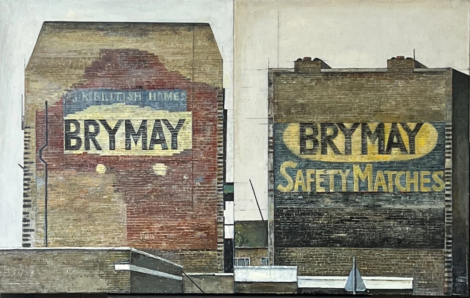 est:  Painting by Celia Hegedus comparing two Brymay Safety Matches ghost signs in London, showing the faded painted advertisements on buildings at Lillie Road (left) and West Brompton (right).