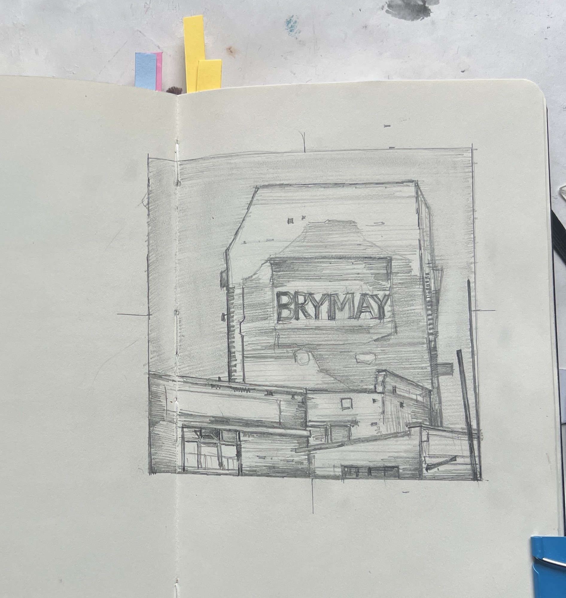 Pencil skketchbook page by Celia Hegedus of Brymay ghost sign on Lillie Road Fulham.