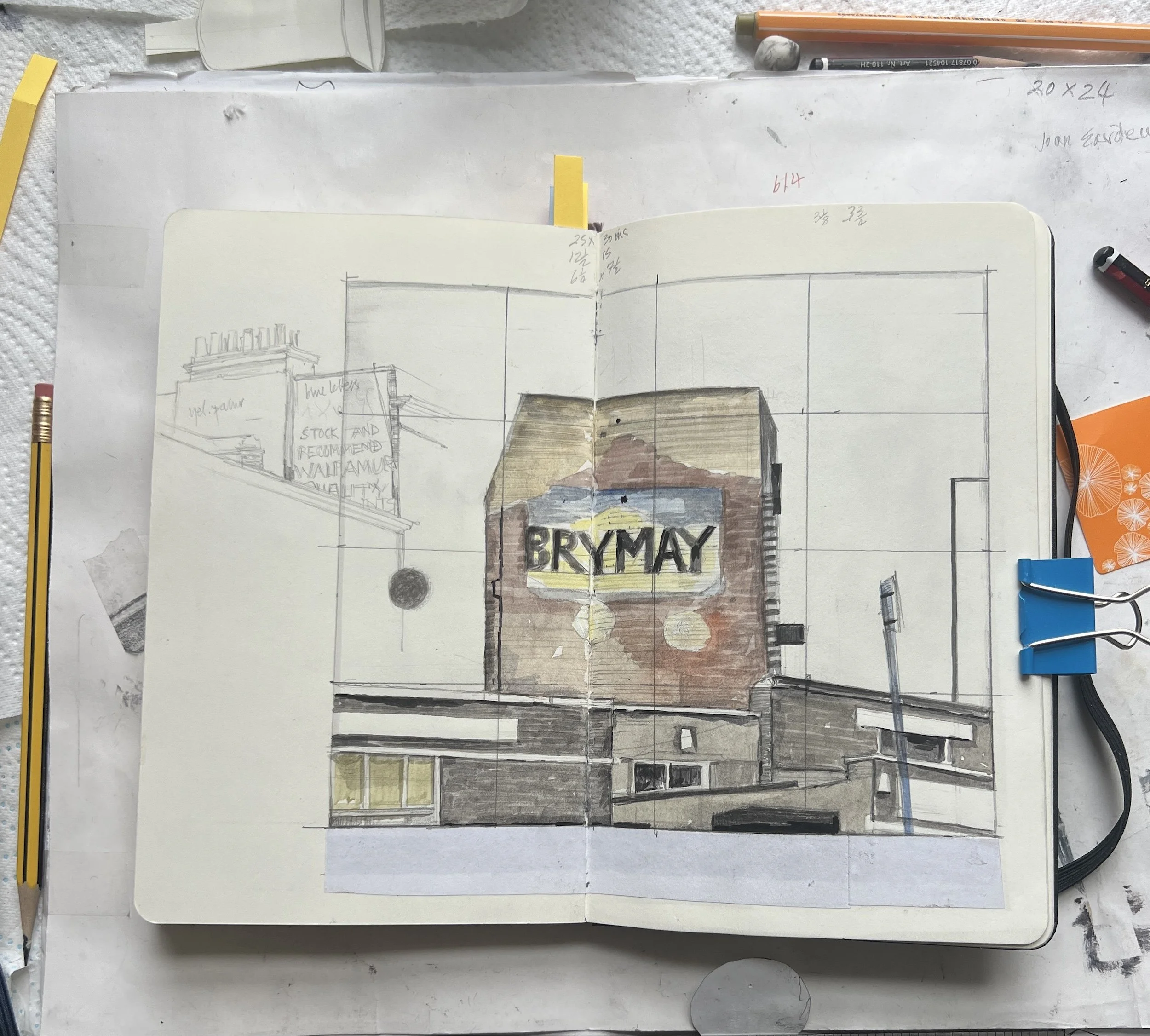 Sketchbook page by Celia Hegedus of Brymay ghost sign on Lillie Road Fulham.