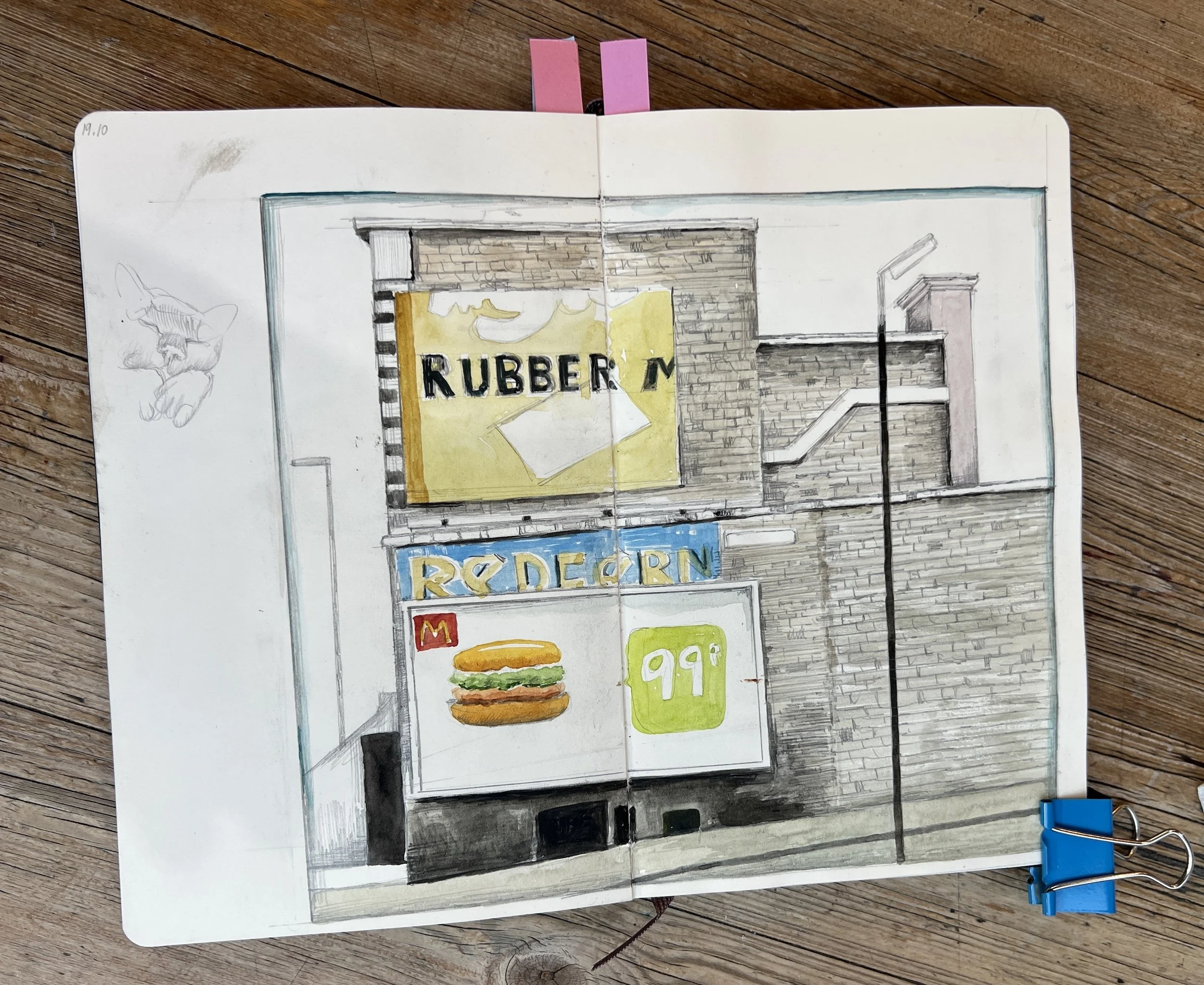 Sketchbook painting by Celia Hegedus of the Redfern Rubber Mats ghost sign on Lambourn Road, Wandsworth covered by McDonalds advertisement.