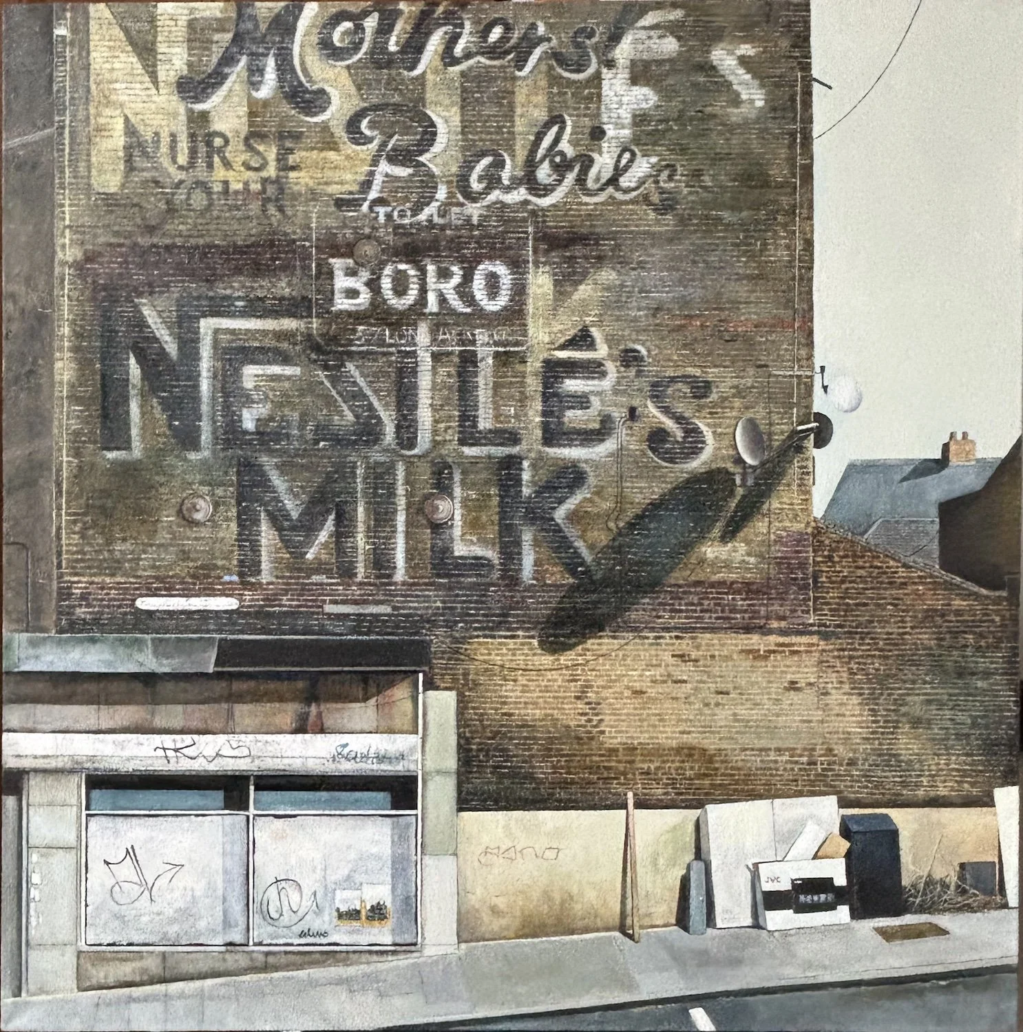 Painting of layered ghost signs on a building off Wandsworth Road, London, showing overlapping Nestlé advertisements and a later 'To Let' sign.