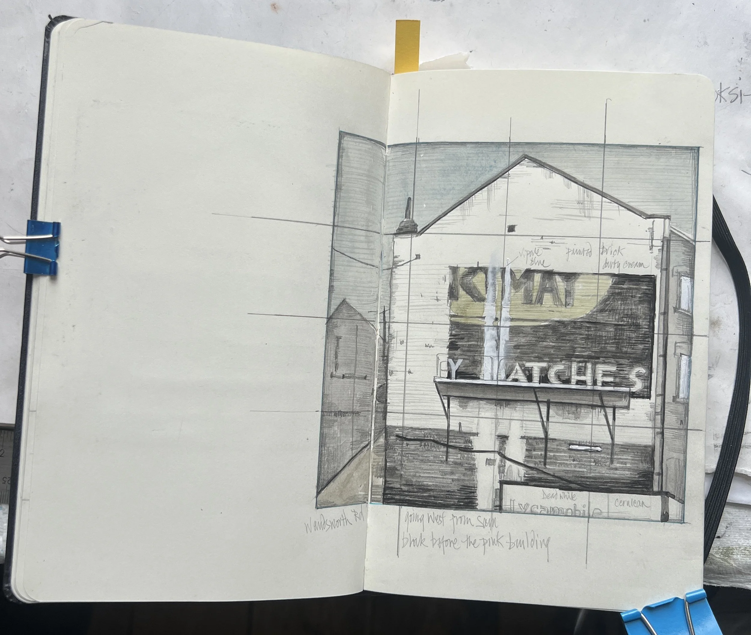 Sketchbook page by Celia Hegedus Sketchbook page: Brymay sign off Wandsworth Road.