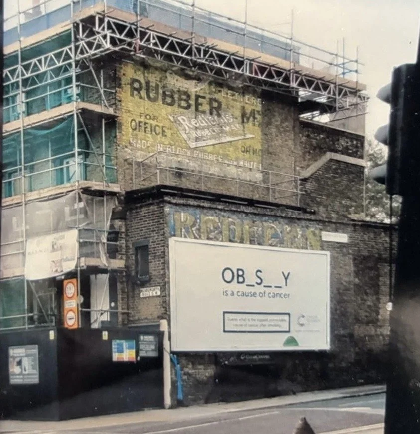 Celia Hegedus sketchbook page of ghost signage for Redfern Rubber Matts on the corner Lambourn Road off Wandsworth road.