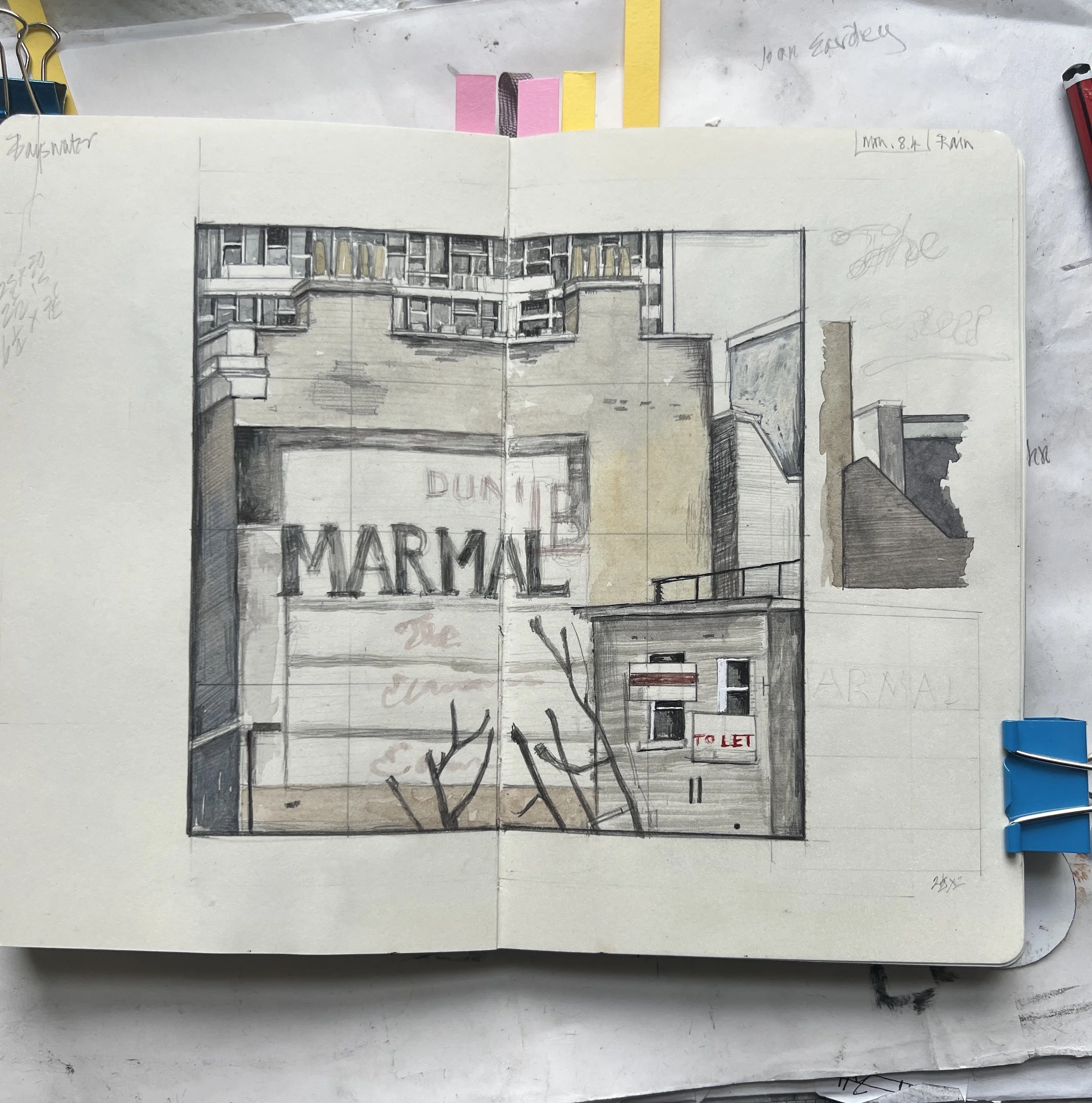 Sketchbook page by Celia Hegedus featuring the Dundee Marmalade ghost sign on Bayswater Road, London.