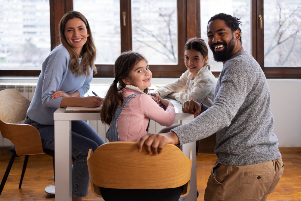 A family sitting around a table, smiling, with large windows and a snowy landscape outside.