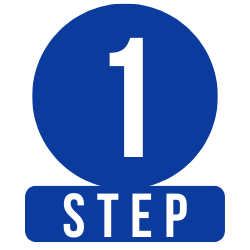 Blue circular icon with a white number 1 and the word "STEP" beneath it.
