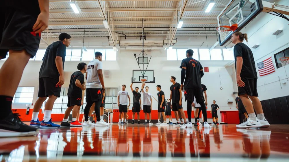 Basketball players listening to coach during practice in indoor gym with American flags on wall.