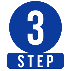Blue circular icon with large white number three and the word 'STEP' beneath it
