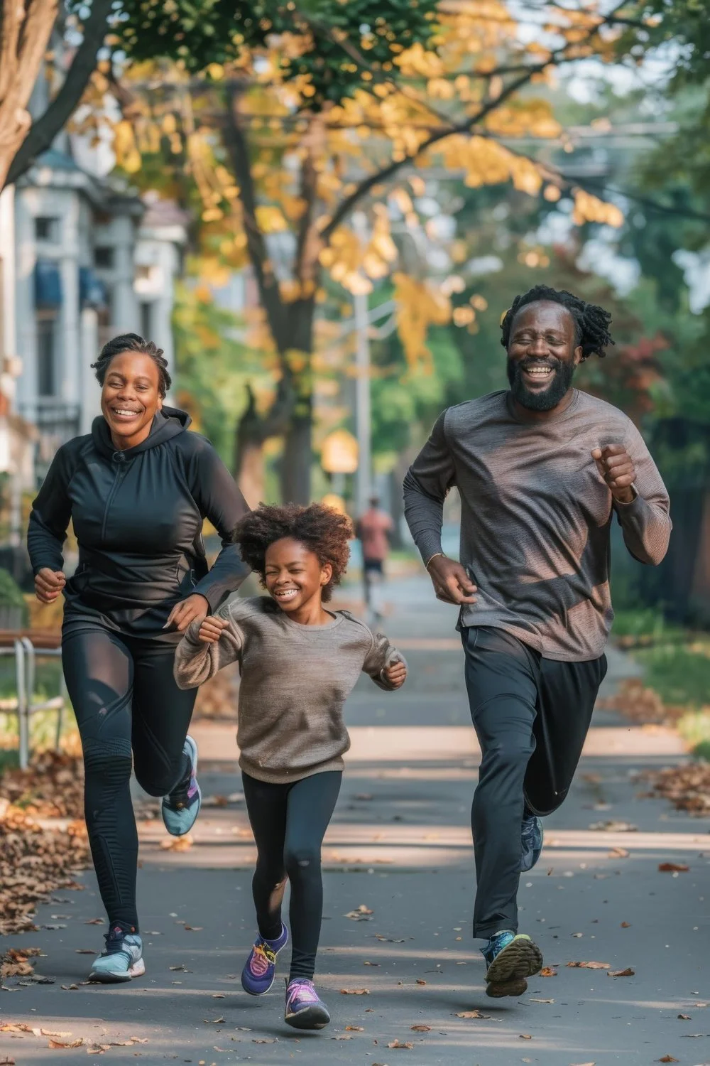 A family of three, including a woman, a man, and a young girl, jogging happily on a tree-lined sidewalk in fall, all smiling and dressed in athletic wear.