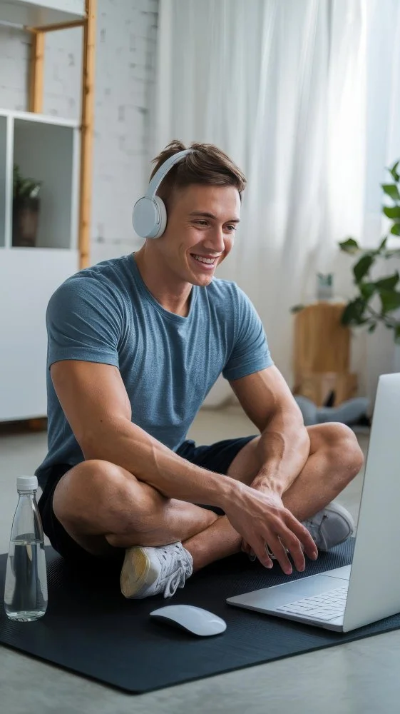 Young man sitting cross-legged on a yoga mat with headphones on, smiling at a laptop in a bright living room with white walls and curtains, a water bottle nearby.