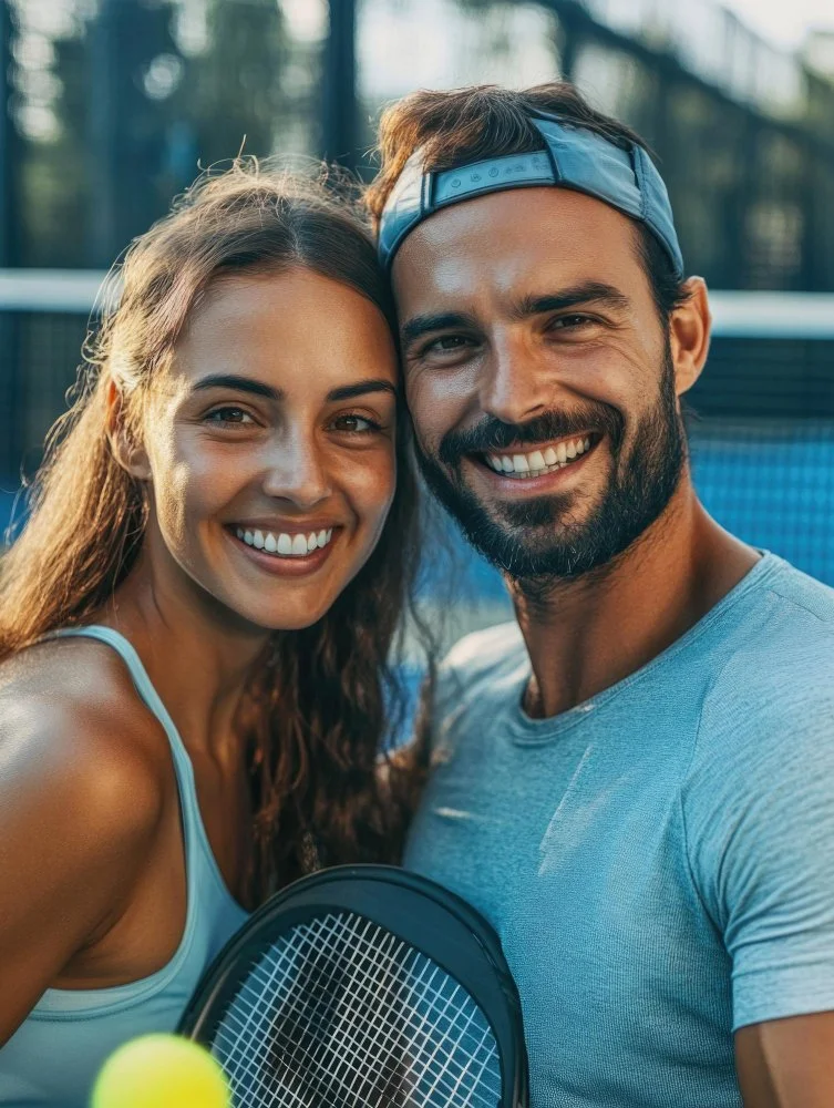 Smiling man and woman taking a selfie on a tennis court during daytime, with tennis rackets and a tennis ball visible.
