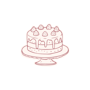 Illustration of a birthday cake with three strawberries on top, decorated with drizzled icing on a cake stand.