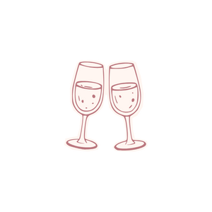 Two champagne glasses clinking together, filled with pinkish liquid.