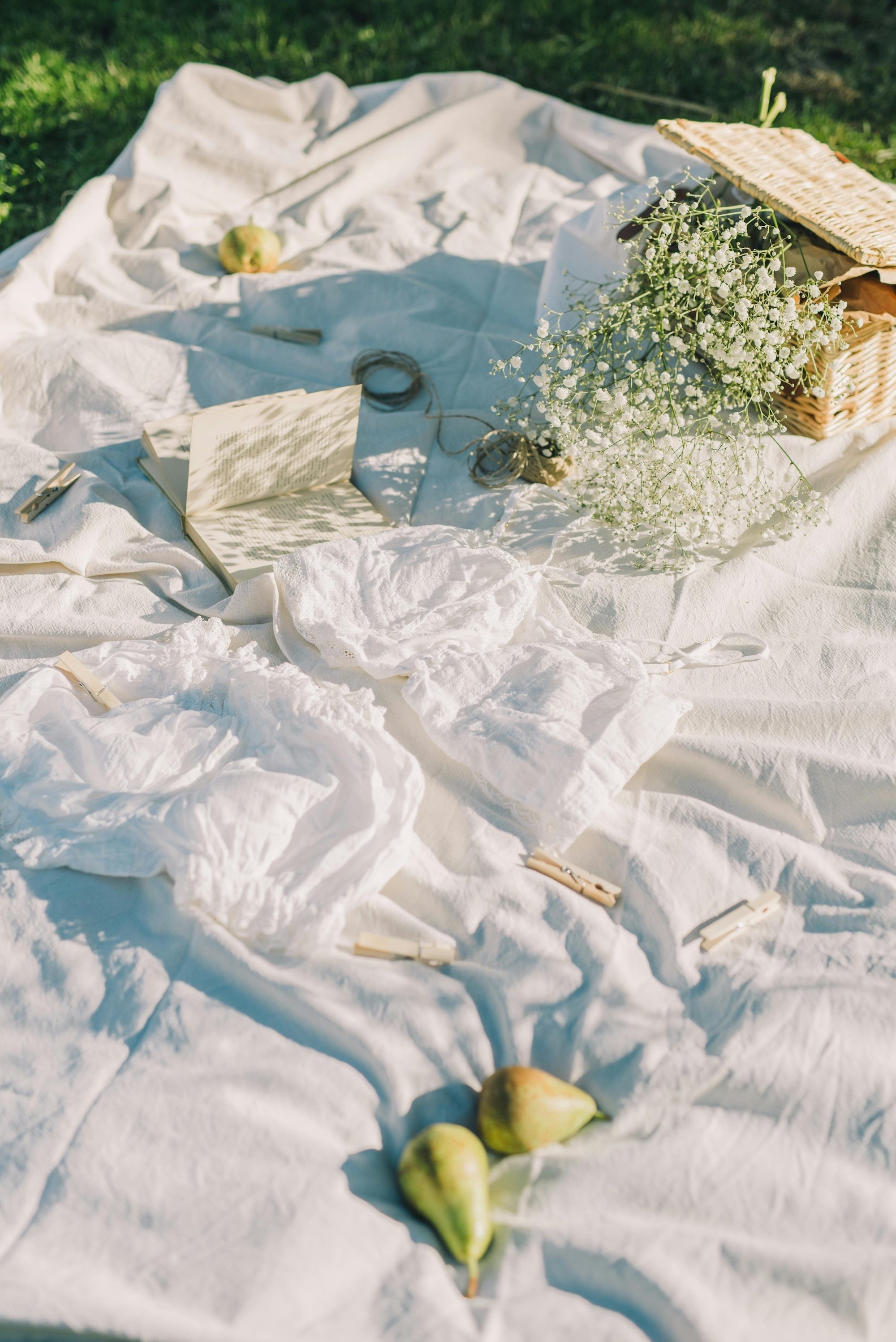 A white picnic blanket spread out on the grass with apples, an open book, a bunch of white flowers, a picnic basket, and clothespins.