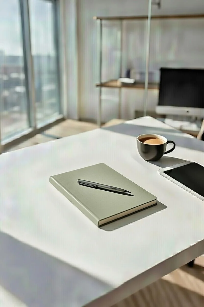 A workspace with a closed gray notebook, a black pen resting on it, a cup of coffee, and a tablet on a white table, in a bright room with large windows and a shelving unit in the background.