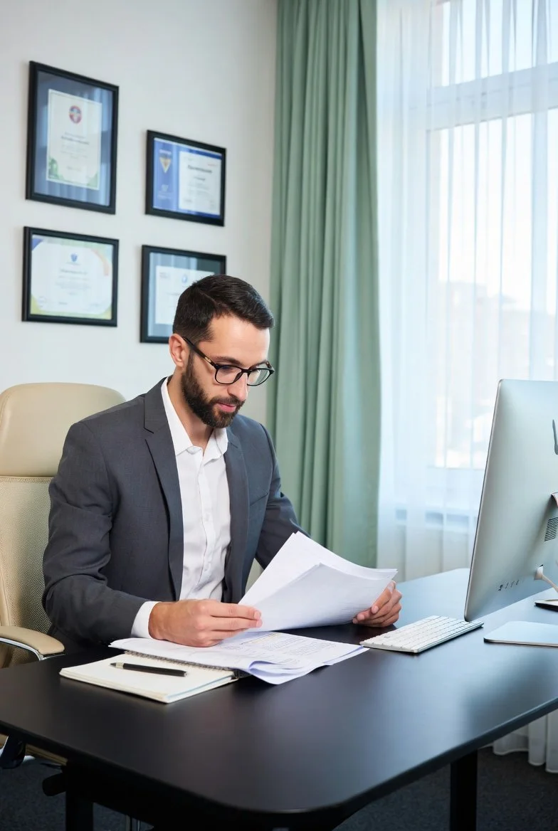 A man in a gray suit and glasses sitting at a desk in an office, reading documents with a computer and framed certificates on the wall behind him.