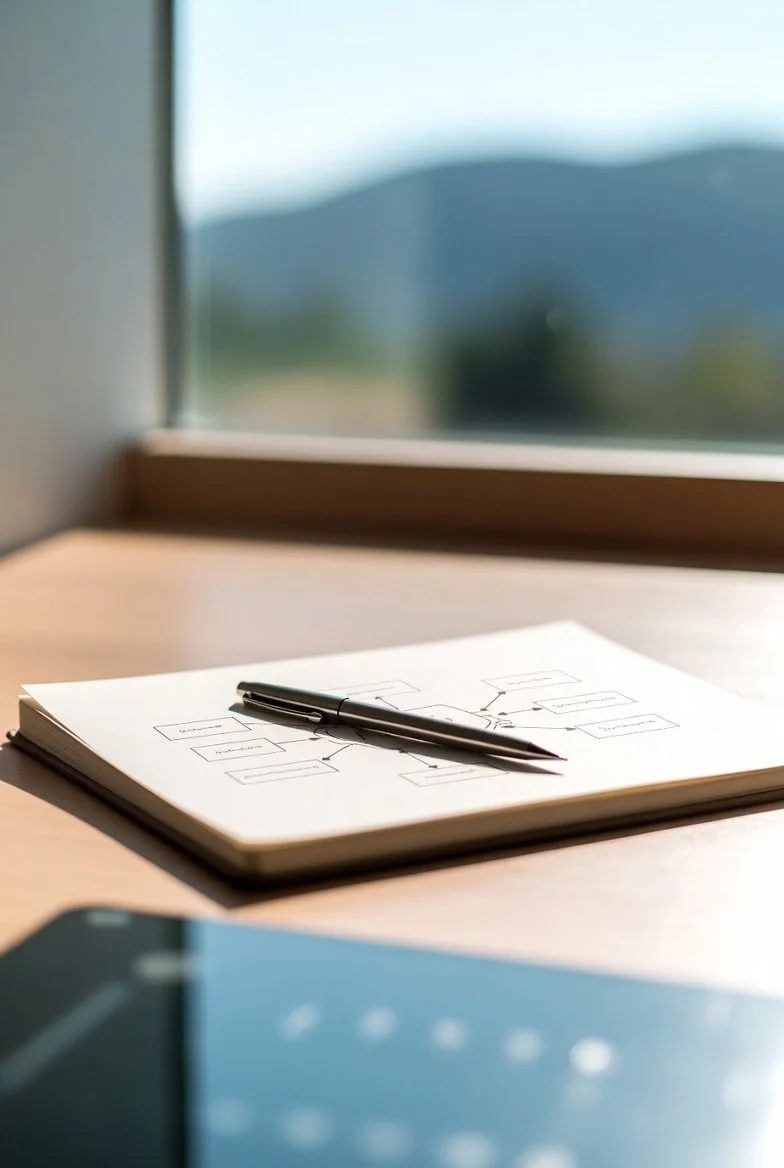 Notebook with a pen on top, placed on a wooden table by a window with a mountain view.