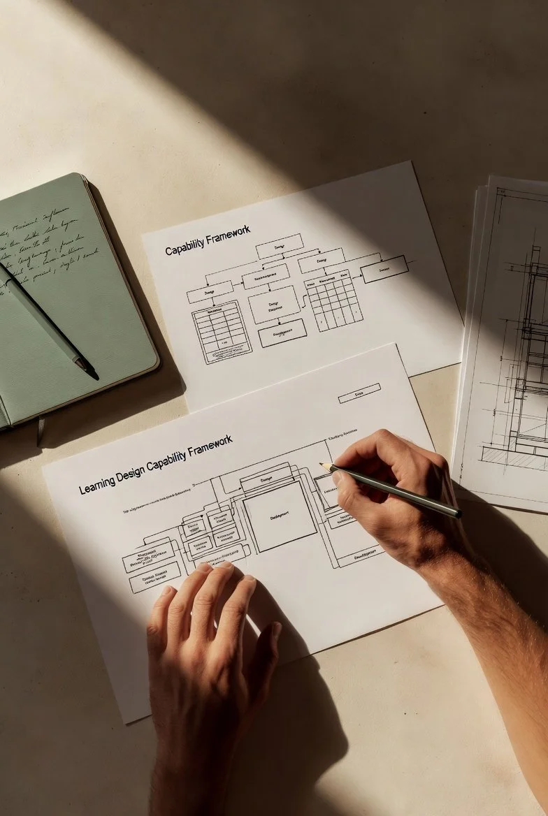 Person working on diagrams and charts related to capability and learning design frameworks, with a notebook and some papers on a light-colored table, sunlight casting shadows.