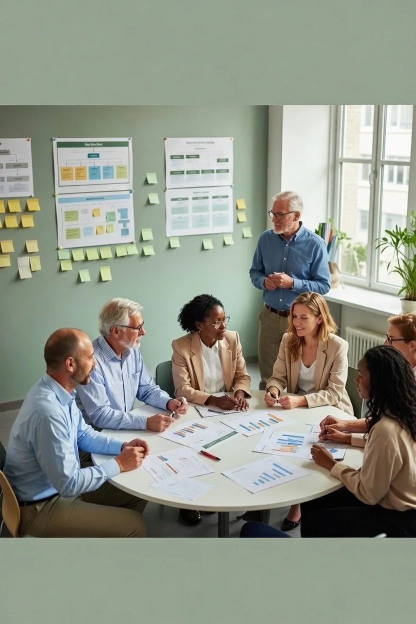 Business team meeting in a conference room with charts and sticky notes on the wall.