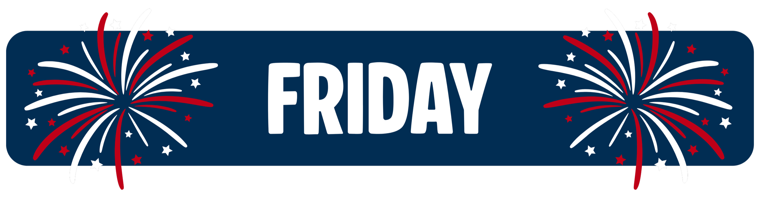 Patriotic Friday banner with fireworks and stars in red, white, and blue colors.