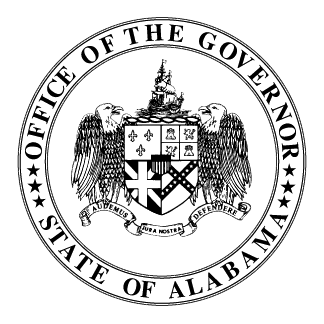 Seal of the Office of the Governor, State of Alabama, featuring a shield with various symbols, a ship above, eagle wings, and a banner with the motto