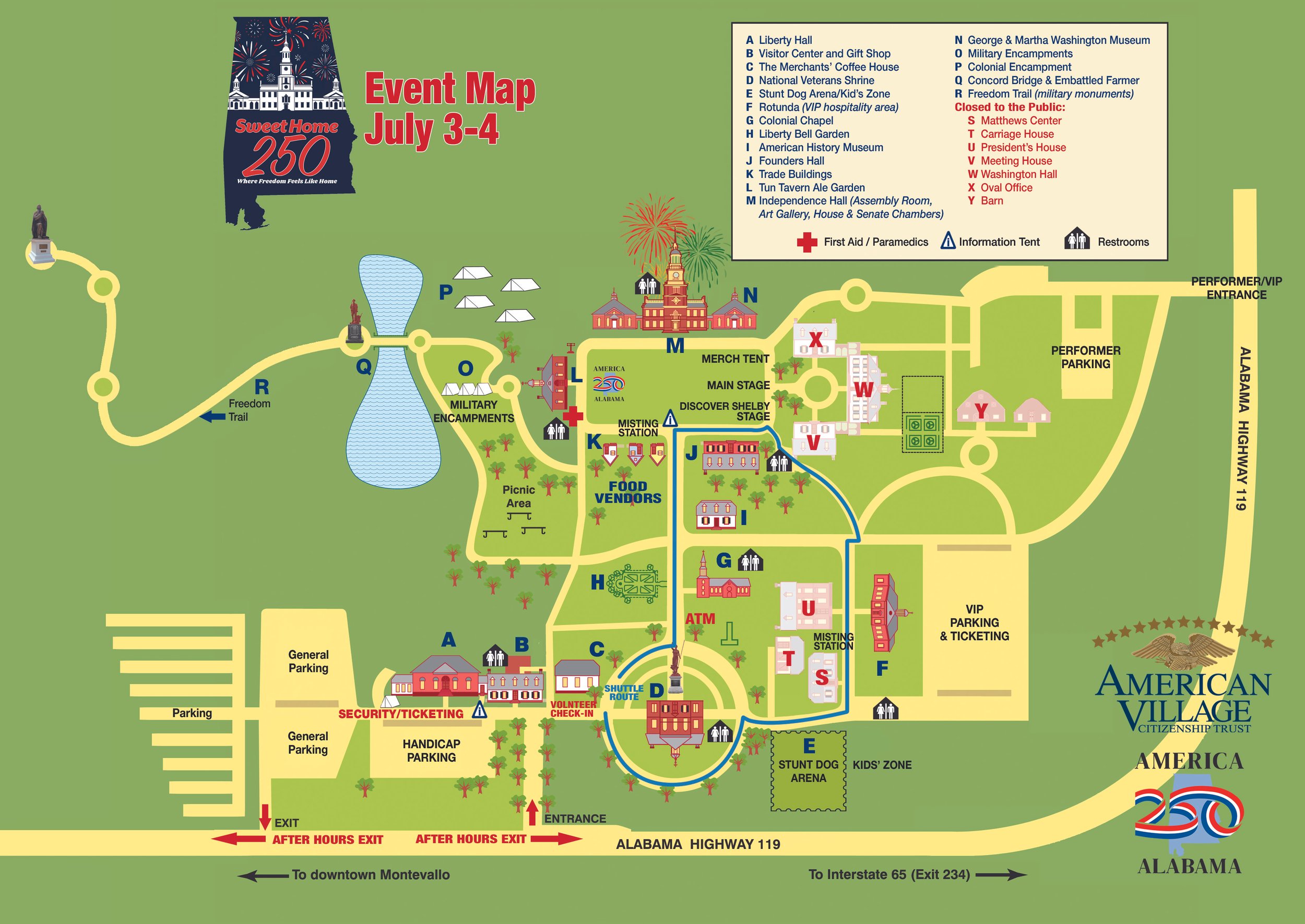 Event map of American Village in Alabama for July 3-4, showing various attractions such as Liberty Hall, Military Encampments, Main Stage, Food Vendors, Kids' Zone, and parking areas, with roads and pathways, landmarks, and amenities including restrooms, first aid, and ticketing stations.