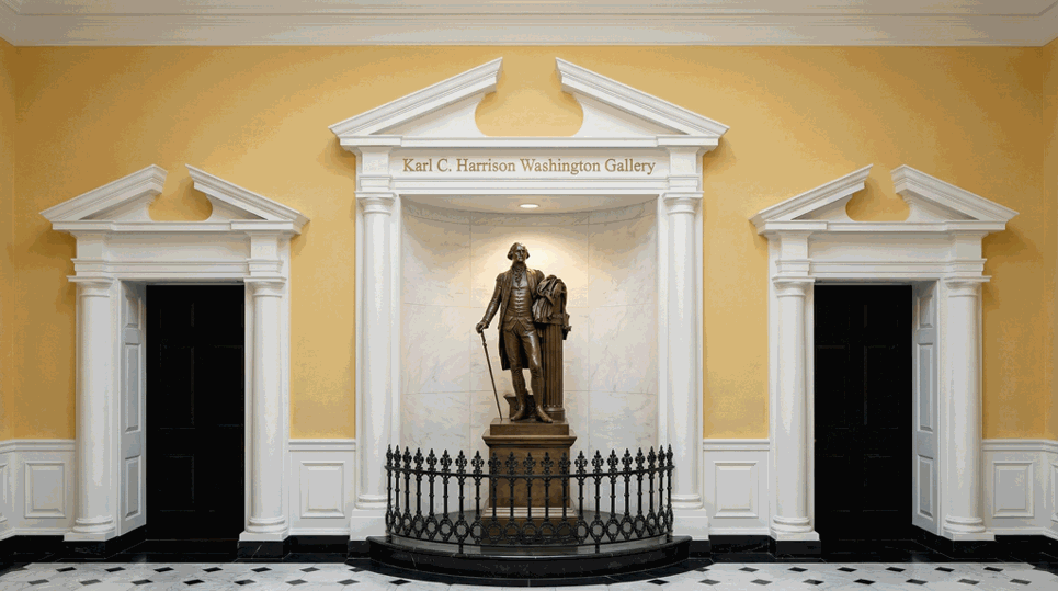 Statue of George Washington in the Karl C. Harrison Washington Gallery at the U.S. Capitol, with architectural columns and pediments.