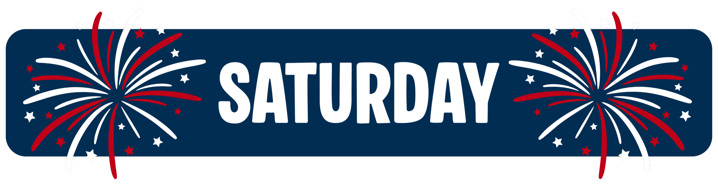 A banner with fireworks and stars that reads 'Saturday' in white text on a dark blue background, celebrating the holiday.