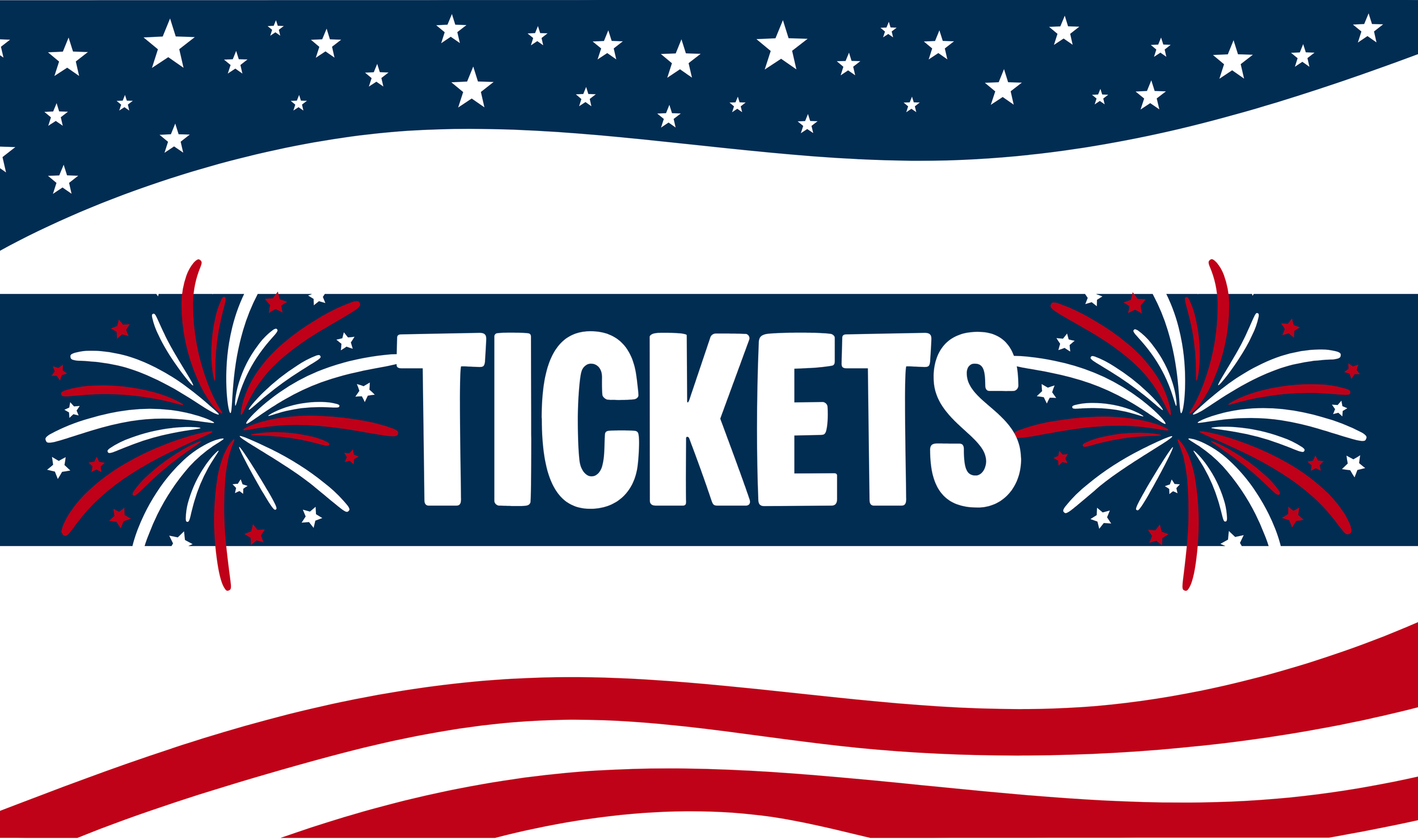 Design for a tickets banner with a patriotic theme including red, white, and blue colors, stars, fireworks, and wavy stripes.