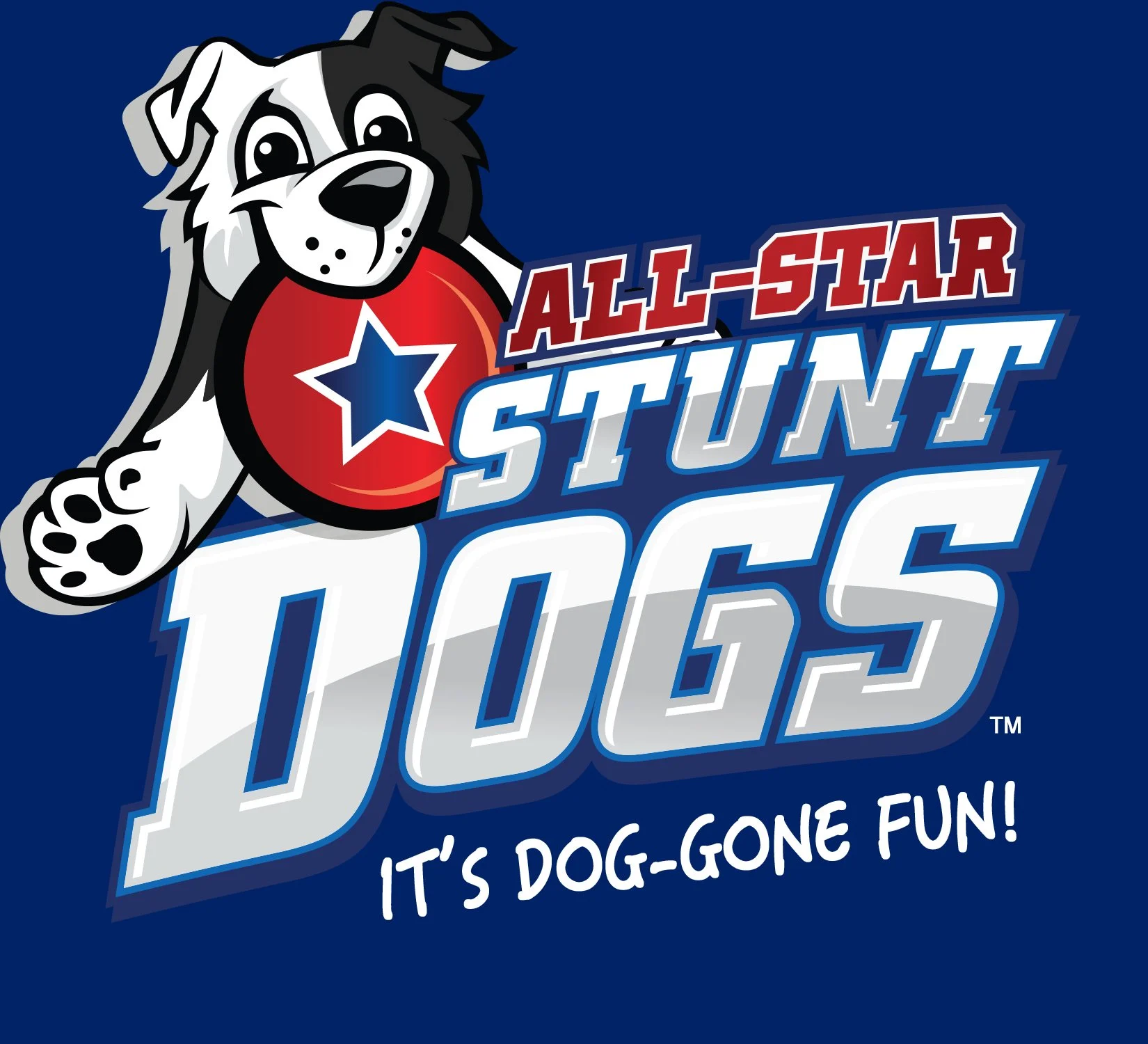 Logo for the All-Star Stunt Dogs, featuring a cartoon dog holding a red ball with a star on it, with the text 'All-Star Stunt Dogs' and the tagline 'It's Dog-Gone Fun!'