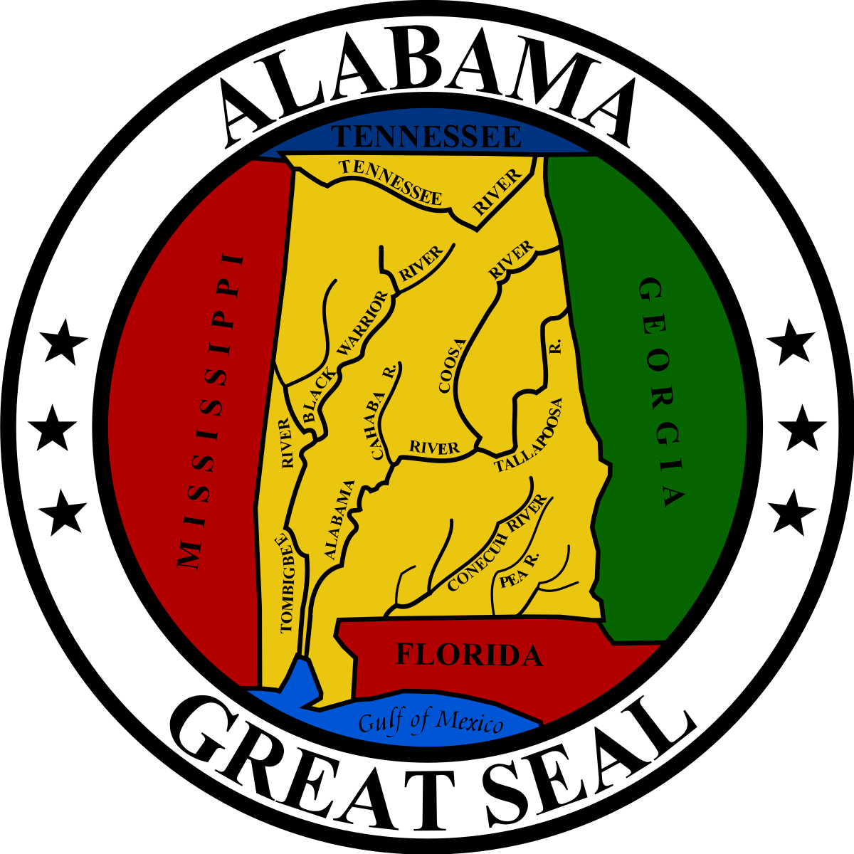The Great Seal of Alabama showing the state map with rivers and counties, bordered by national colors and text.