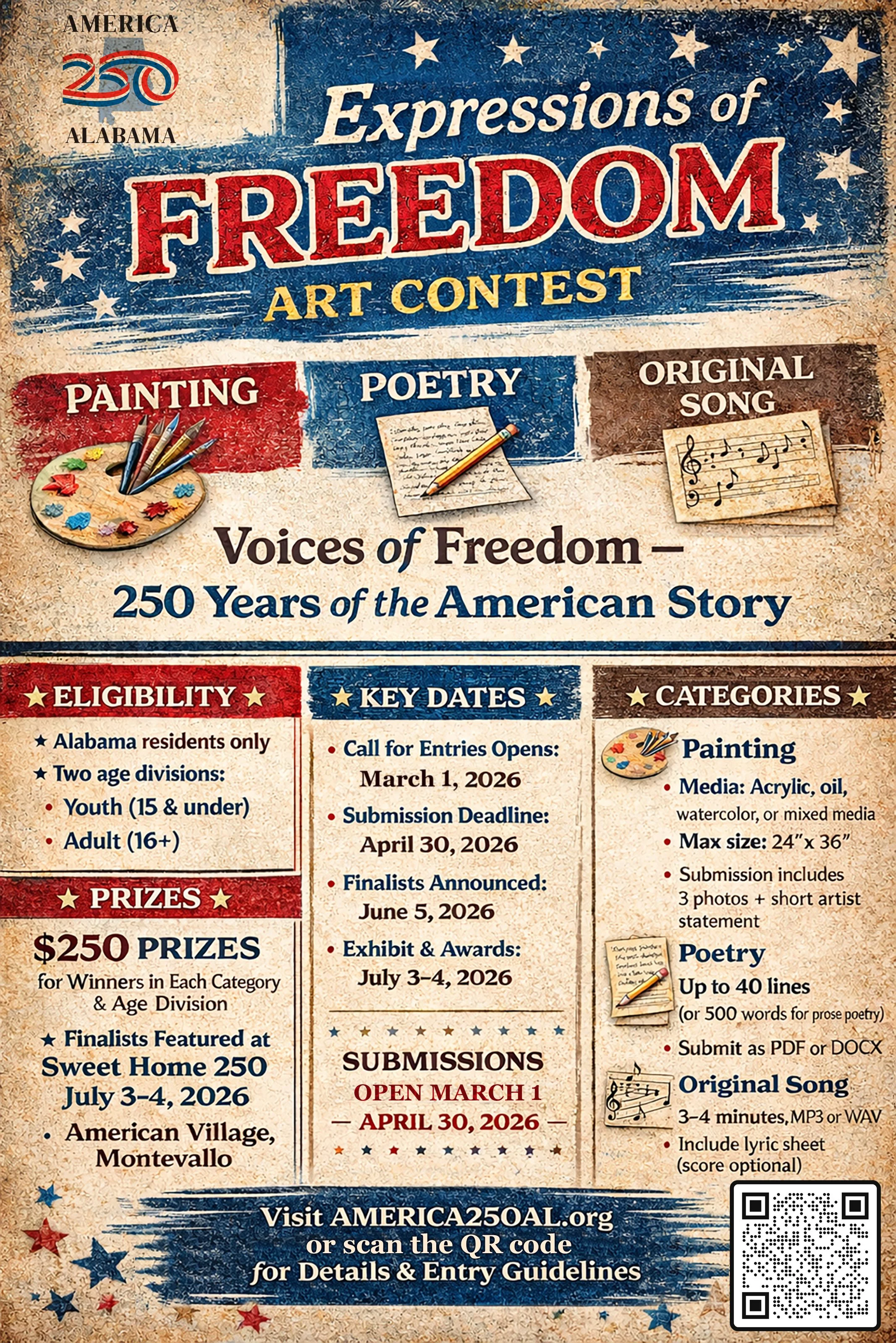 A poster for the 'Expressions of Freedom' art contest celebrating 250 years of American history. The poster features categories for painting, poetry, and original song, with details on eligibility, prizes, key dates, and submission guidelines. The design includes patriotic colors, stars, and images of art supplies, a handwritten note, and music notes.