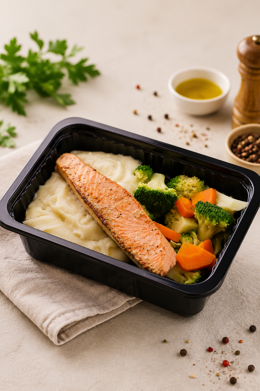 Lombo de Salmão com Purê e Legumes