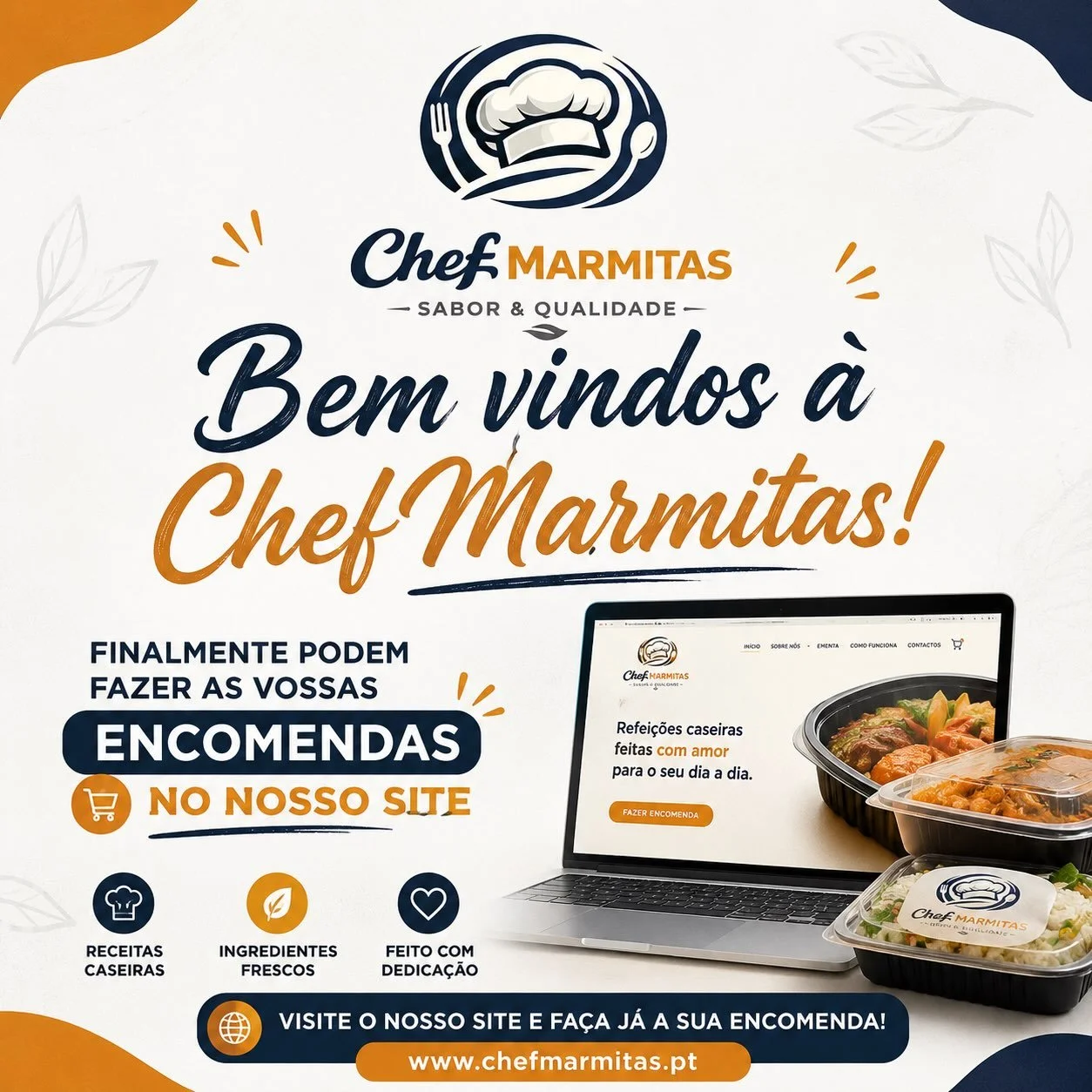 🎉 Sejam muito bem-vindos &agrave; ChefMarmitas! 👨&zwj;🍳🍽️

&Eacute; com enorme entusiasmo que anunciamos que o nosso site est&aacute; oficialmente dispon&iacute;vel e que j&aacute; podem fazer as vossas encomendas online!

💻 Visitem o nosso site