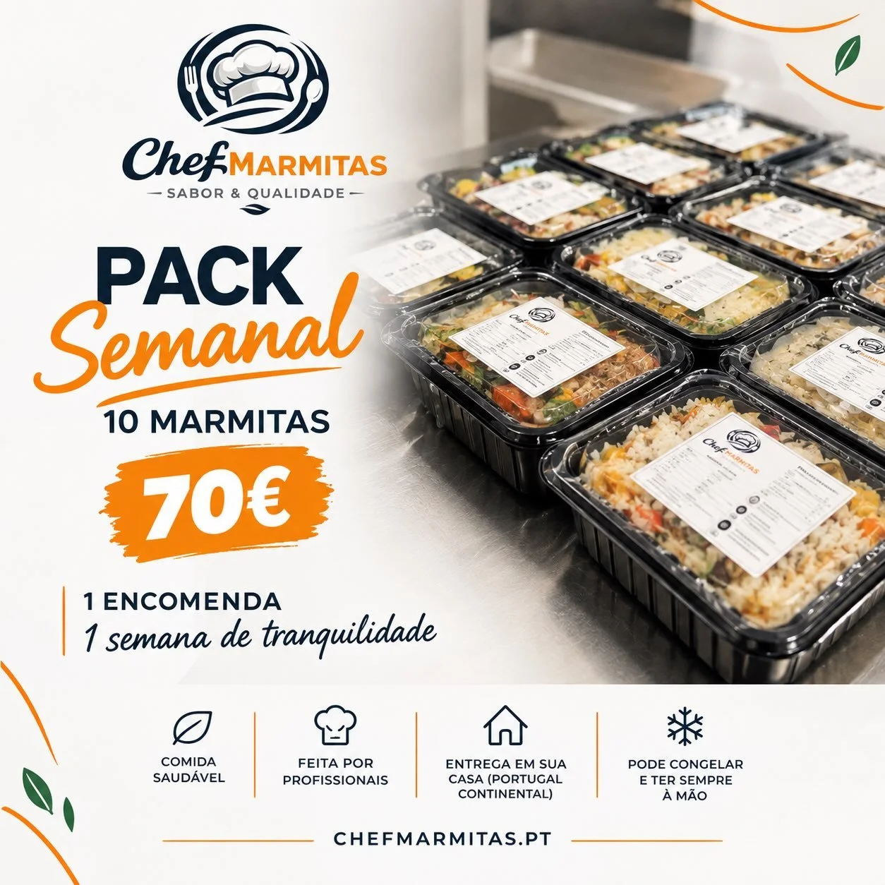 Agora temos tamb&eacute;m o nosso pack semanal de marmitas para facilitar a tua semana 😉 
Encomenda j&aacute; para a pr&oacute;xima semana!! 🧡