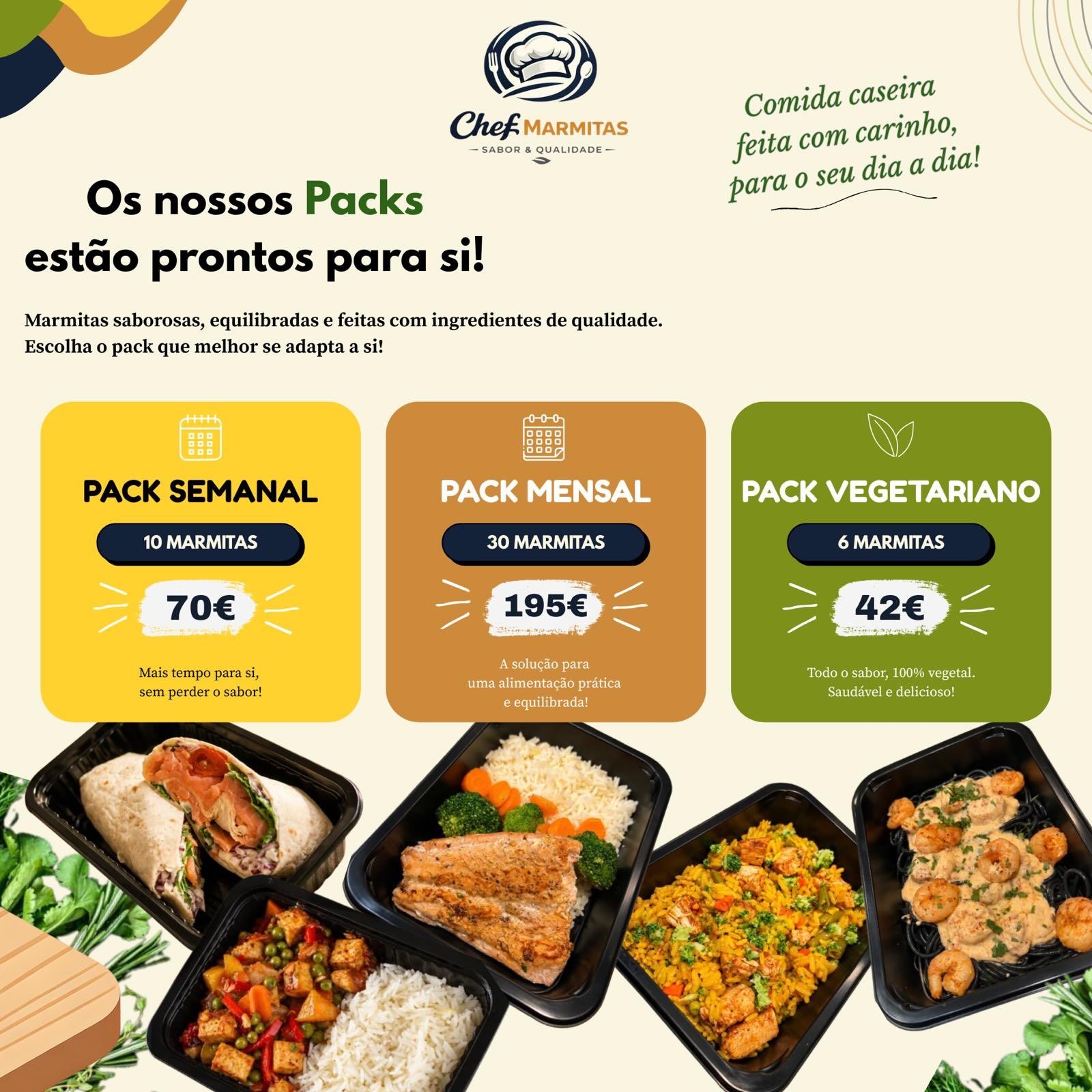 Escolhe o teu pack de marmitas e deixa a cozinha por nossa conta. Mais praticidade, refei&ccedil;&otilde;es saborosas e menos preocupa&ccedil;&otilde;es durante a semana 🧡