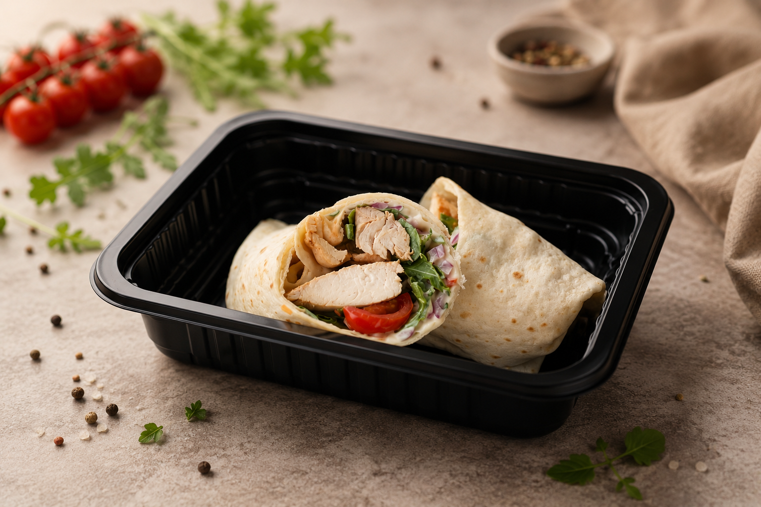 Wrap de frango com vegetais, servido em uma embalagem preta, com tomates e ervas ao fundo.