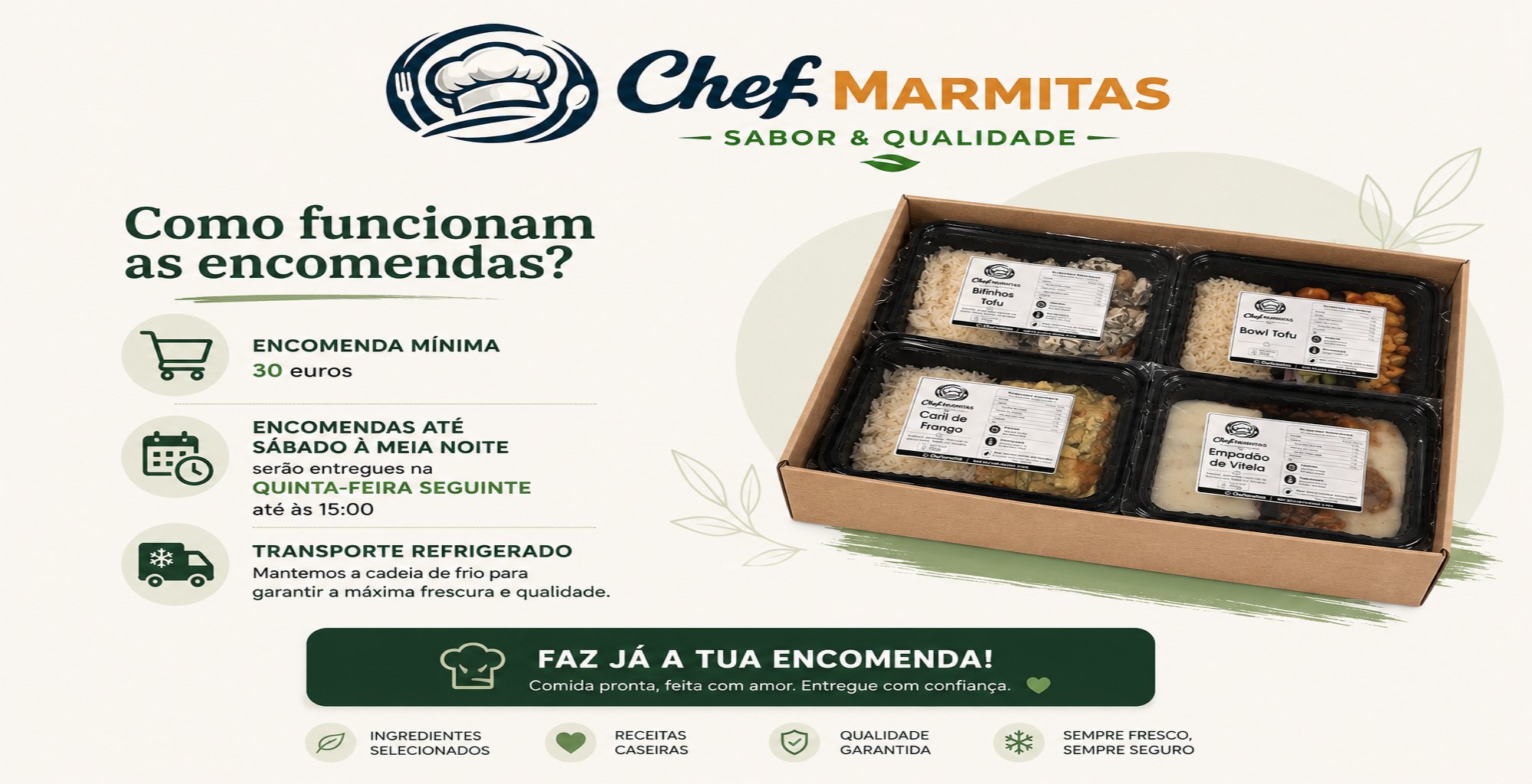 Imagem de uma embalagem com quatro porções de comida, incluindo bifinhos tofu, caril de frango, empadão de vitela e um prato não detalhado. A embalagem está dentro de uma caixa de papelão e há uma descrição do serviço de entrega por encomenda em português.