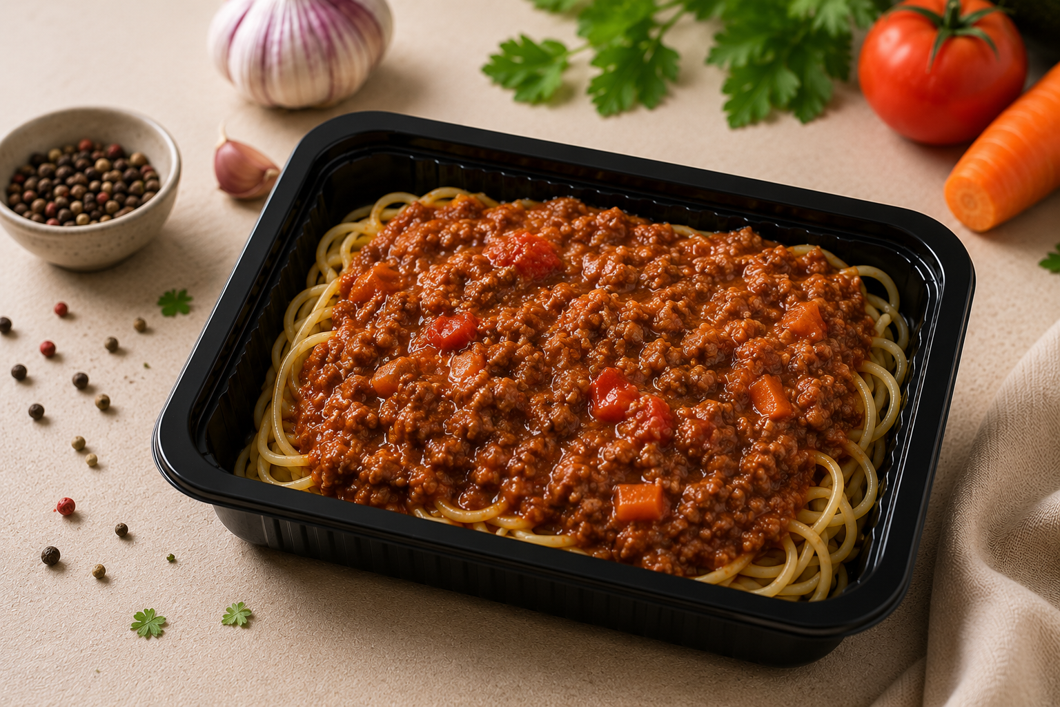 Porção de spaghetti com molho à bolonhesa em embalagem preta, acompanhada de ingredientes como alho, tomate, cenoura, coentro e pimentas ao redor.