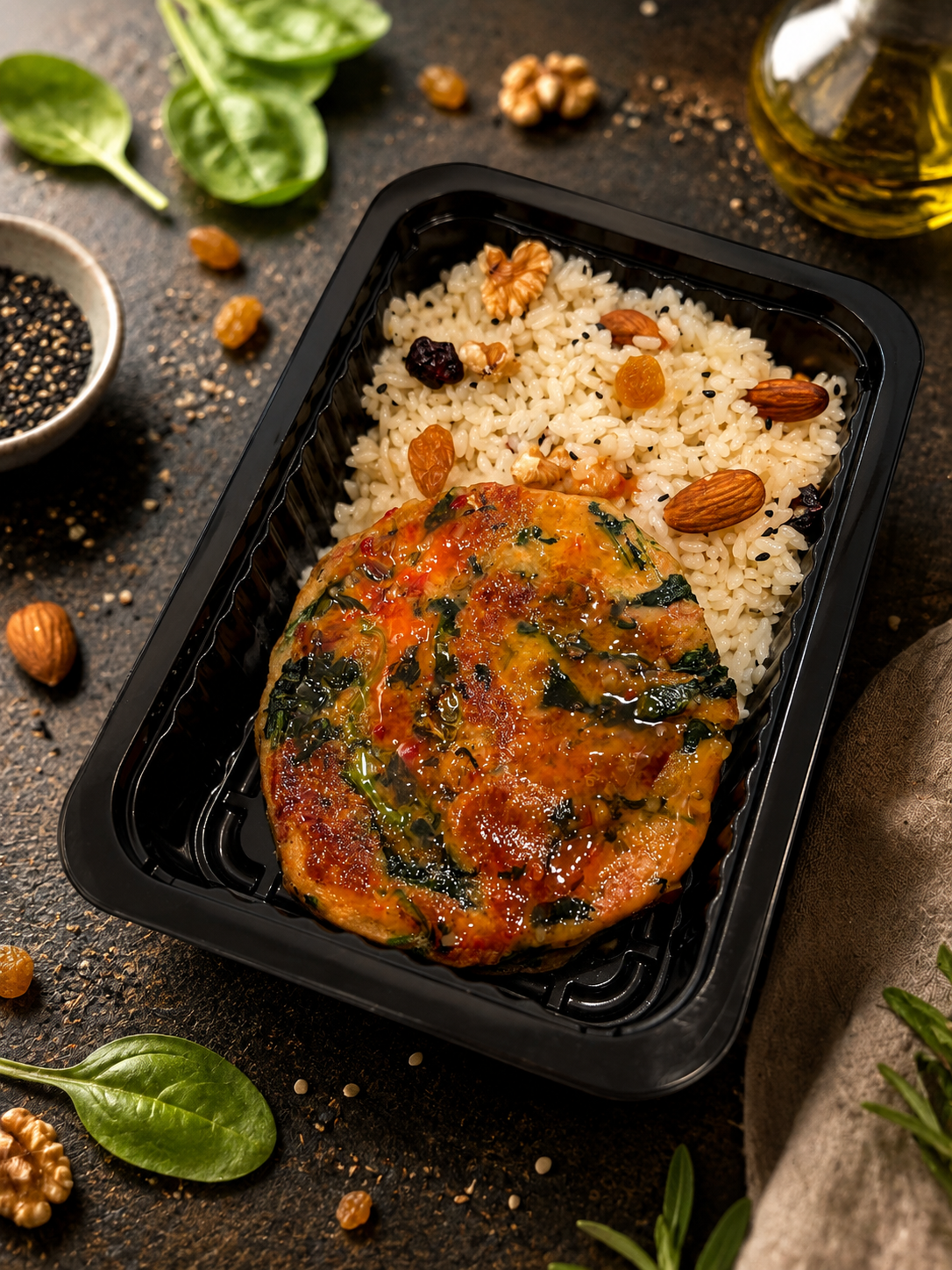 Hambúrguer caseiro de Alheira e Grelos c/ Molho Sweet Chilli e Arroz de Frutos Secos