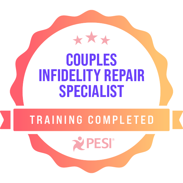 PESI Couples Infidelity Repair Specialist training badge for Tara Gogolinski, couples therapist in Raleigh, NC, featuring a pink and white design with three stars at the top.