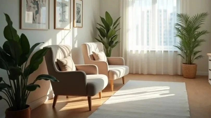 A calming marriage counseling office in Raleigh, NC featuring two beige armchairs, soft white curtains, potted plants, a white sideboard, and warm artwork on the wall.
