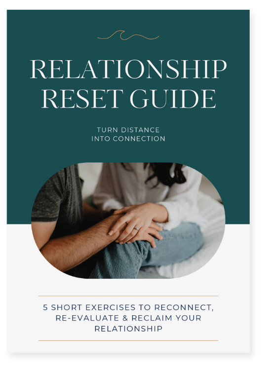 Cover of a relationship reset guide with a photo of a couple holding hands and a title and subtitle about reconnecting through five exercises, offered by Rising Tides Therapy Center in Raleigh, NC.