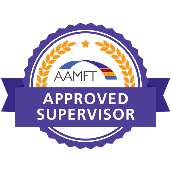 AAMFT Approved Supervisor badge for Tara Gogolinski, couples therapist in Raleigh, NC, featuring a purple border and ribbon with a star and laurel branches.